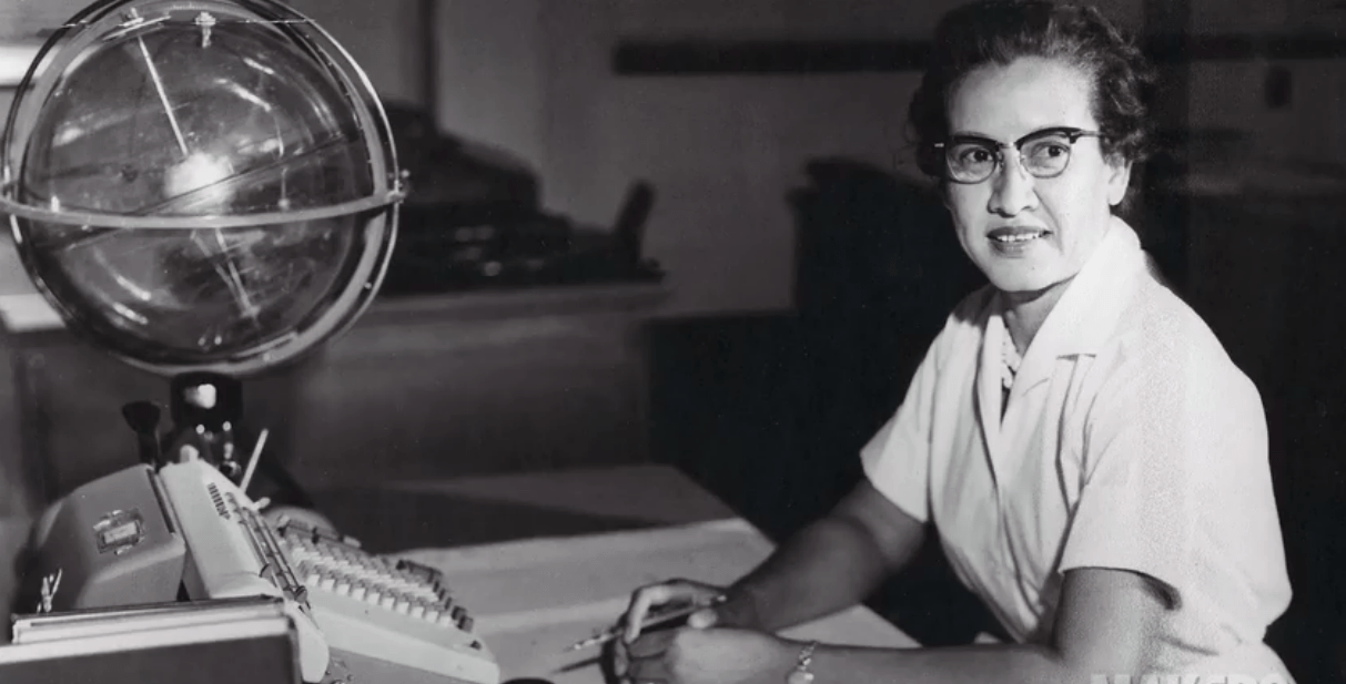 NASA research mathematician Katherine Johnson is photographed at her desk at Langley Research Center in Hampton