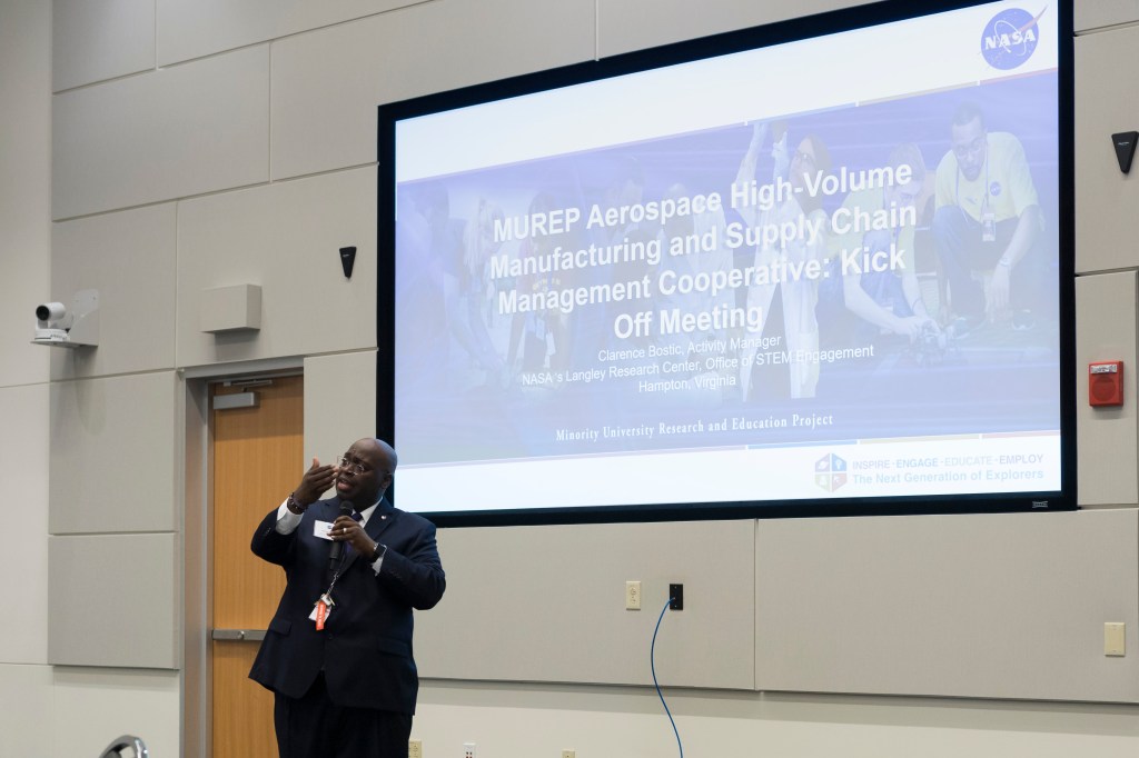 Clarence Bostic speaks at the MUREP Aerospace High Volume Manufacturing and Supply Chain Management Cooperative kick-off meeting