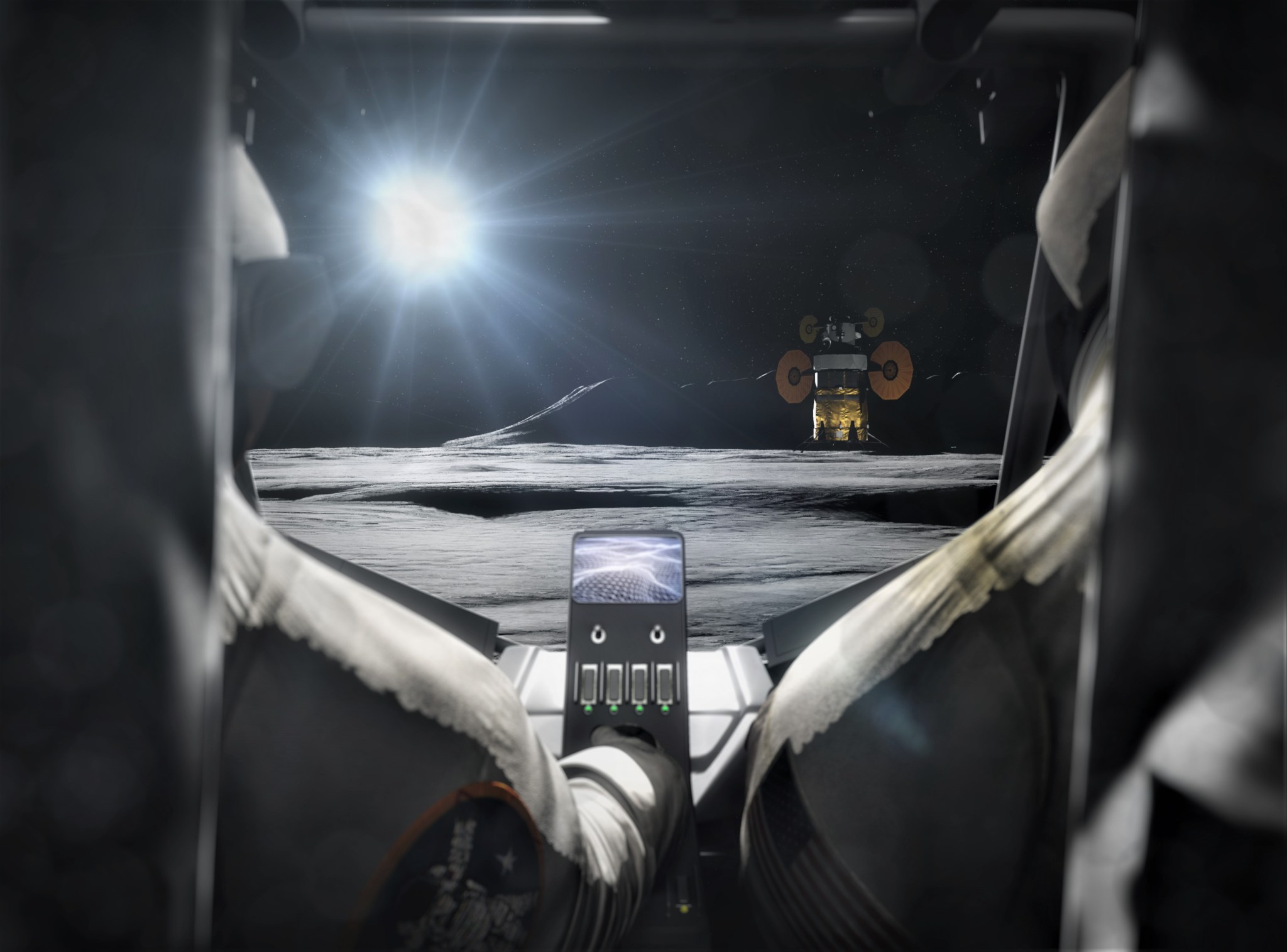 Concept image showing the backseat view in a Lunar Terrain Vehicle. 