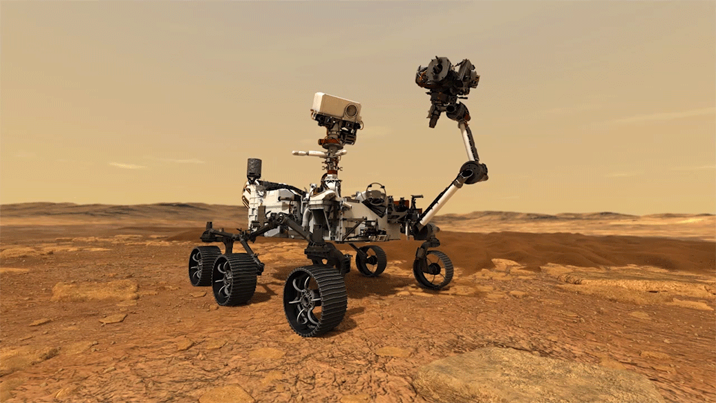 This artist's concept depicts NASA's Mars 2020 rover exploring and taking a core sample on the Red Planet