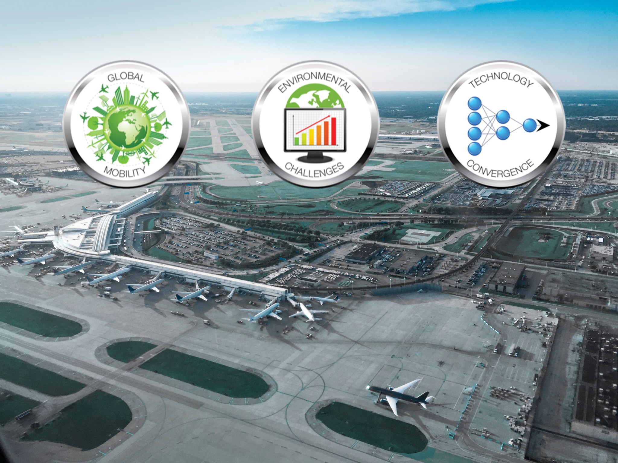 Image of an aerial view of an airport. On top of the image in the middle are three Mega Driver icons. On the left is Global Mobility, the middle is Environmental Challenges and on the right is Technology Convergence.