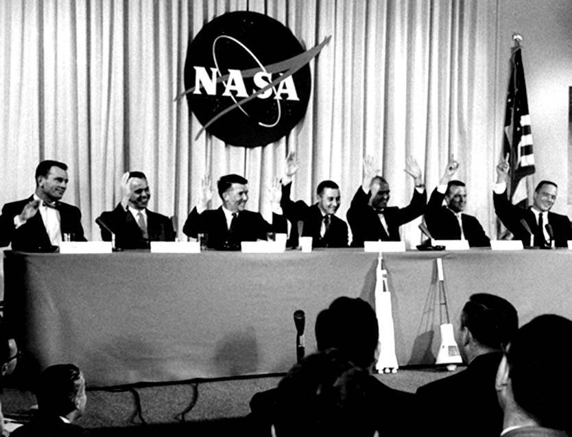 The Mercury 7 astronauts at a Press Conference