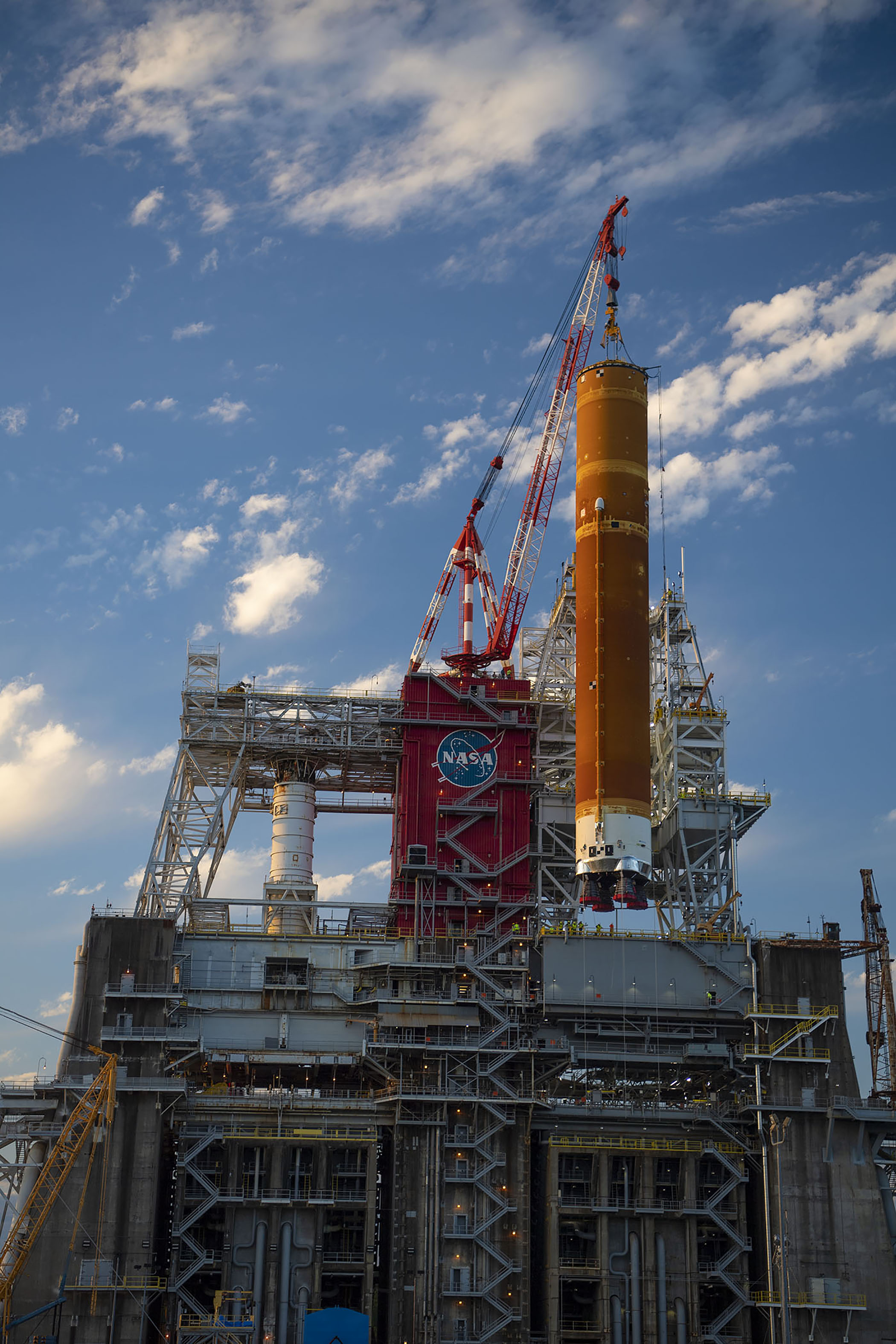 Removal the first flight core stage of the agency’s Space Launch System rocket from the B-2 Test Stand
