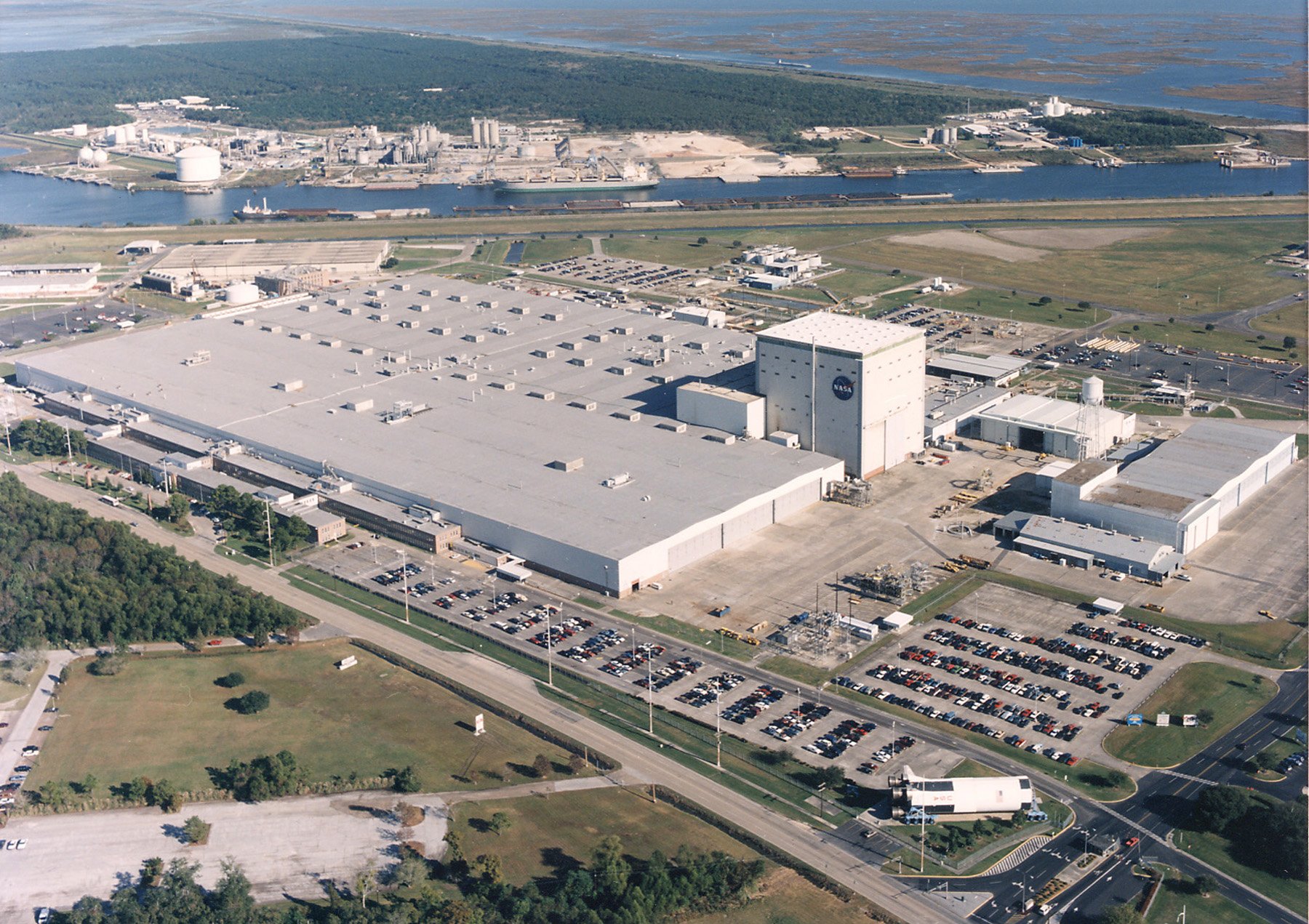 An aerial view of the primary manufacturing facility at NASA's Michoud Assembly Facility in New Orleans.