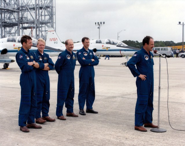 STS-26 Discovery crew at Kennedy Space Center.