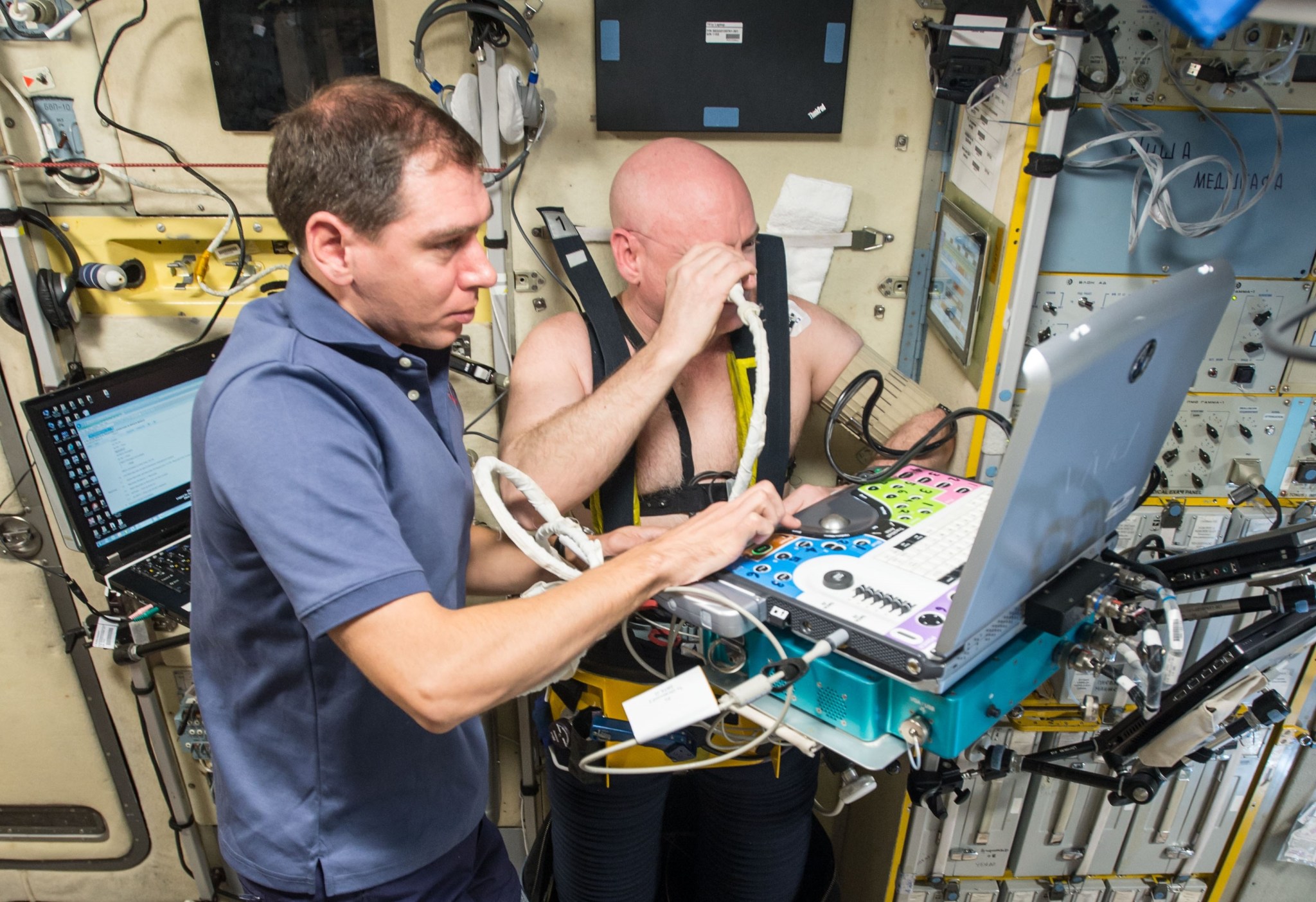 NASA astronaut Scott Kelly undergoes ultrasound measurements for the Fluid Shifts experiment.