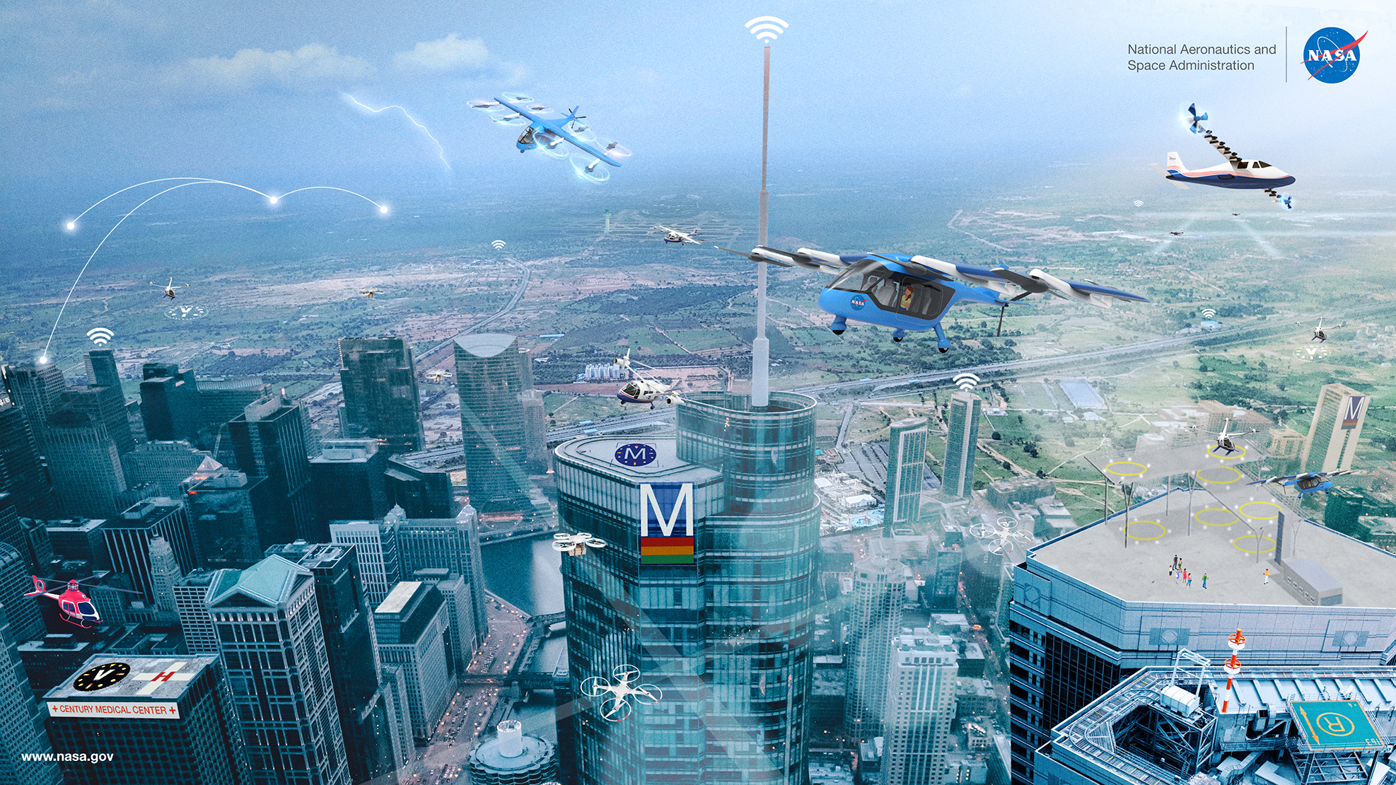 Advanced Air Mobility graphic showing unmanned air vehicles in flight over rural and city areas.