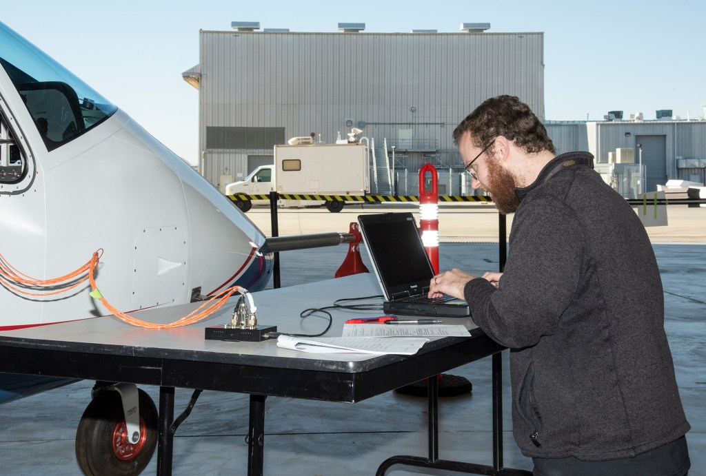 The operations crew records the results of initial telemetry testing on NASA?s X-57.