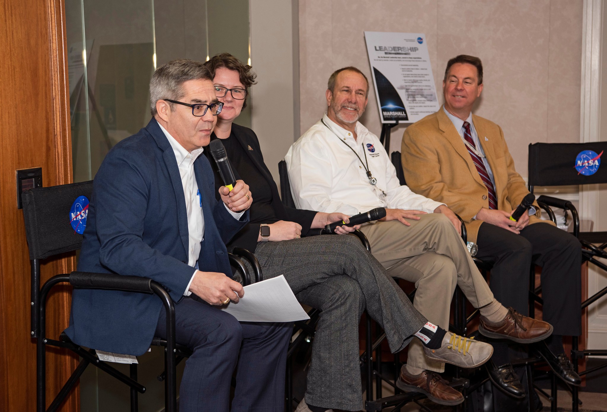 Sam Ortega, left, moderates an Artemis Program panel featuring, second from left, Renee Weber, David Beaman, and Don Krupp.