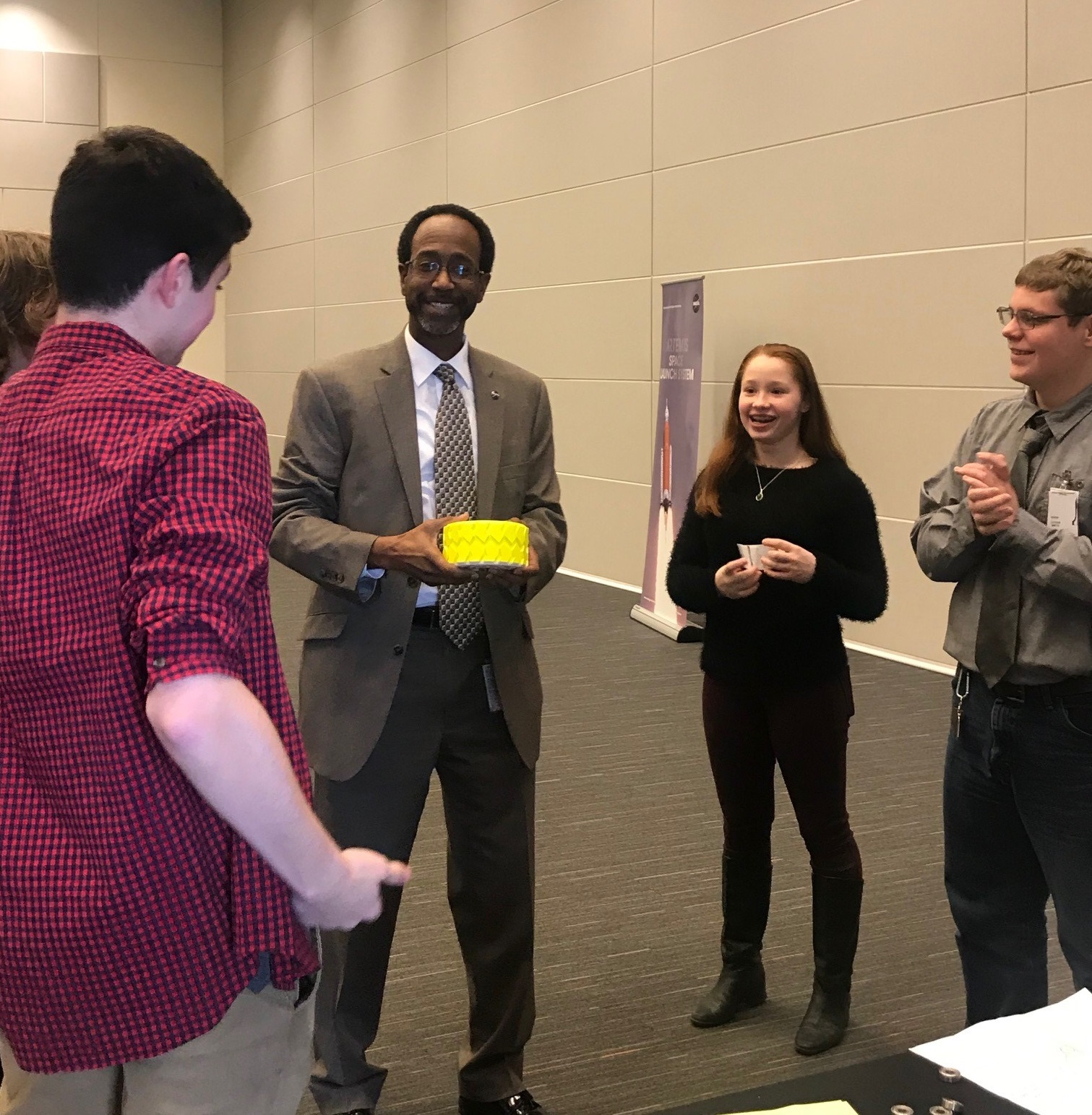 NASA Langley Center Director Clayton Turner speaks to a high school team at the HUNCH Critical Design Review.