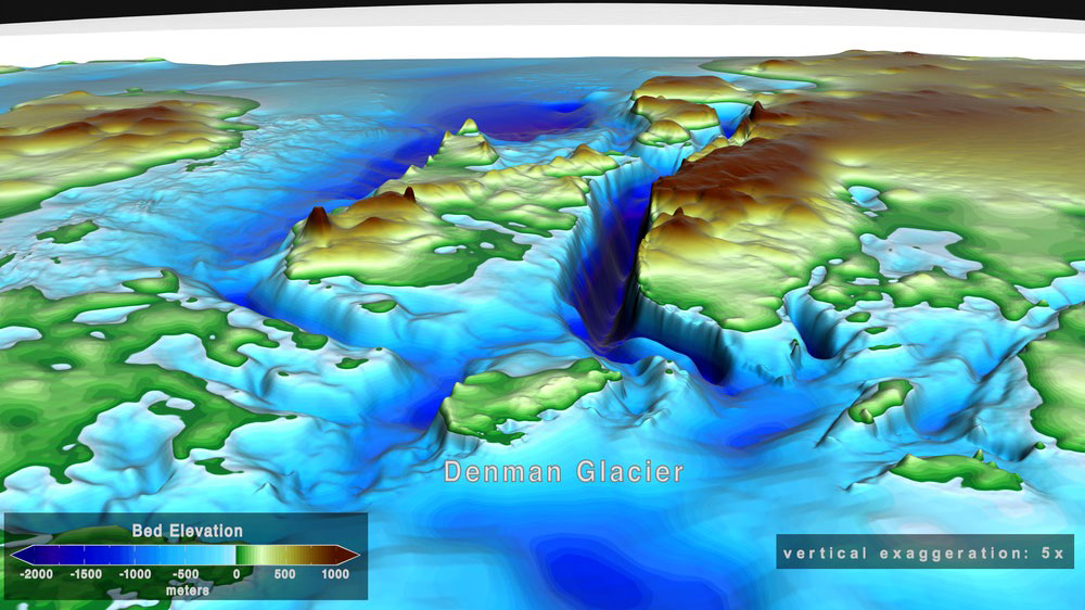 Vertically exaggerated image of the ground under Denman Glacier in East Antarctica