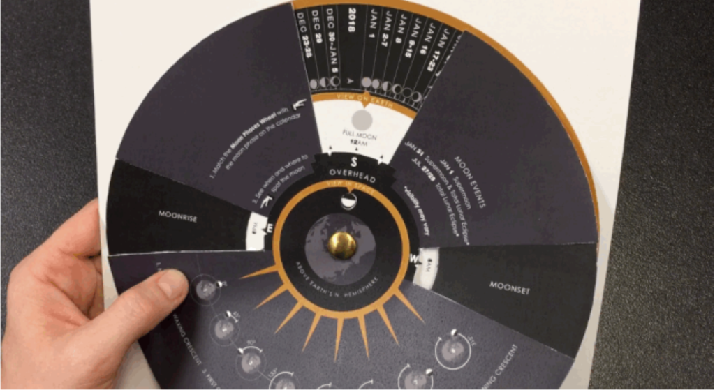 Hands holding and moving the Moon phase calculator