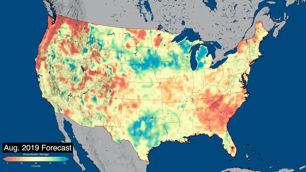 A map of dry and wet conditions for the United States shows the forecast for Aug. 2019 compared to the observed data.