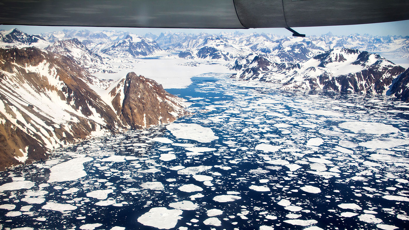 An aerial view of the icebergs near Kulusuk Island