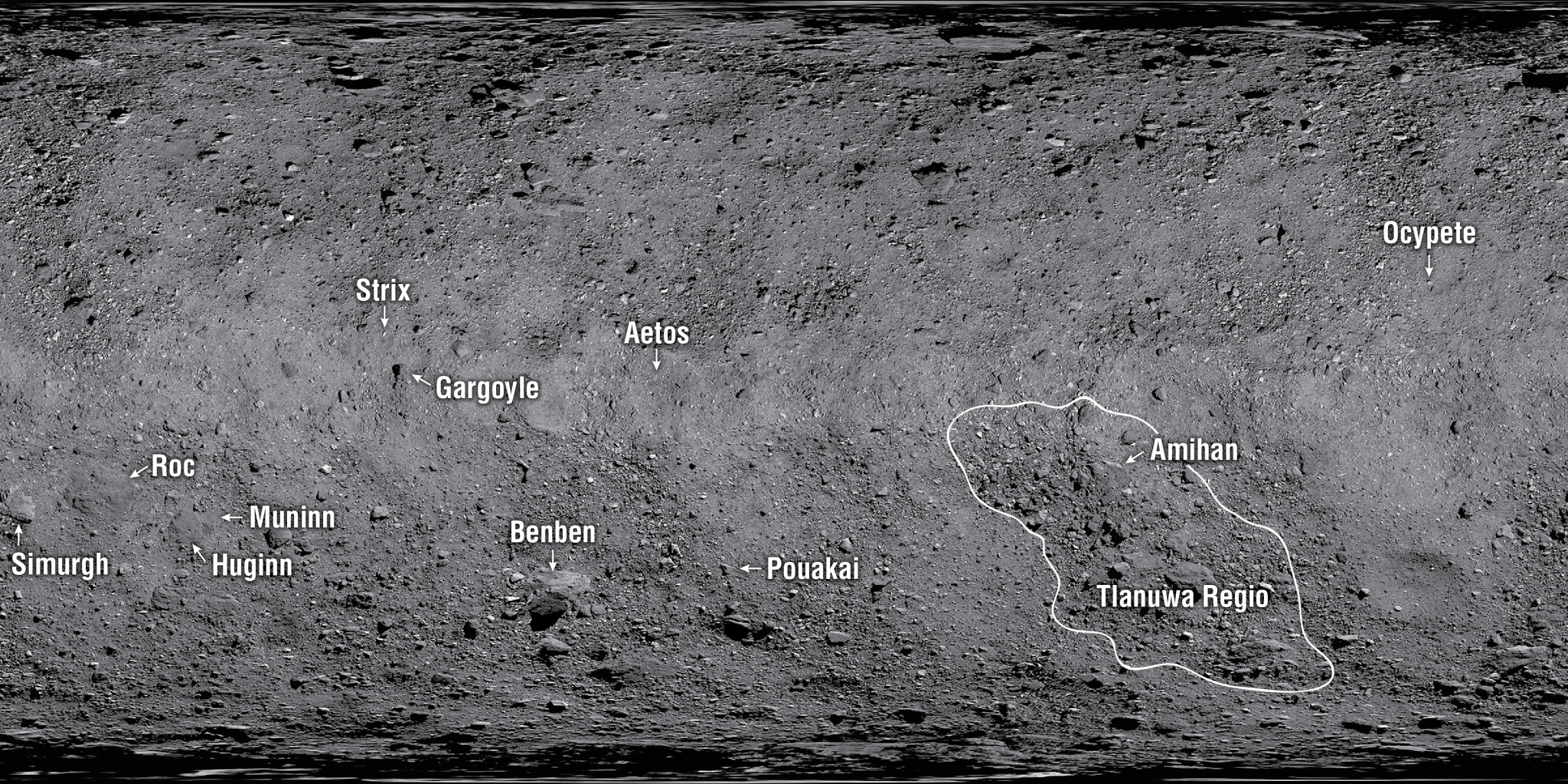 rectangle projection of asteroid surface with labels. 