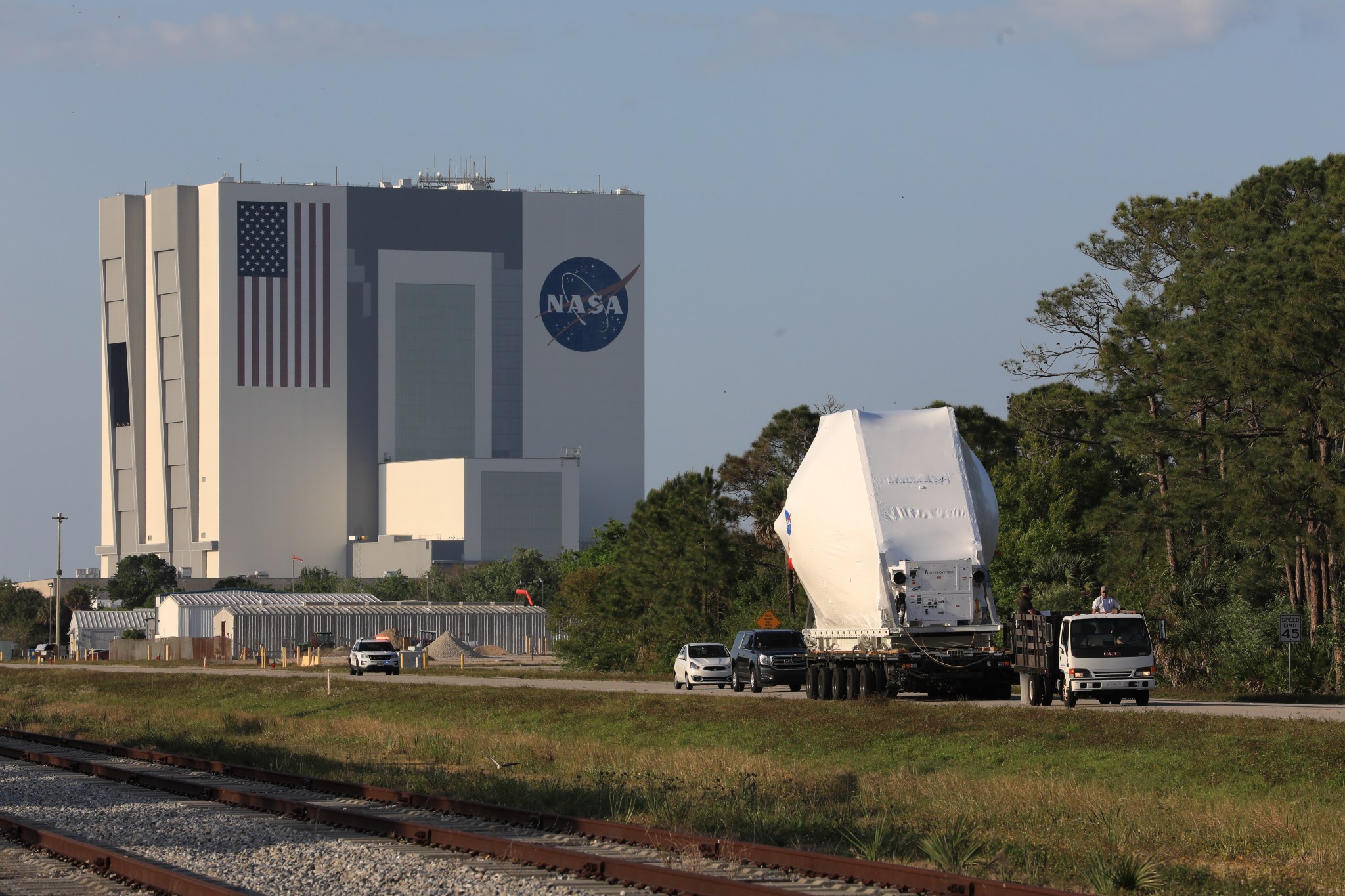 NASA's Orion spacecraft is transported to the Neil Armstrong Operations and Checkout Building at Kennedy on March 25, 2020.