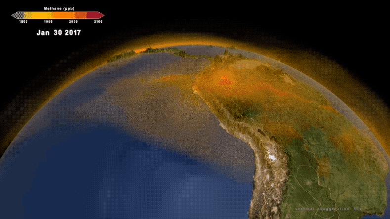Data visualization rotating over the Amazon. Methane emissions are depicted in orange, floating as cloud over Earth's surface. A thick cloud of orange methane is labeled u002270% of global wetland methane emissions come from the Tropics.u0022