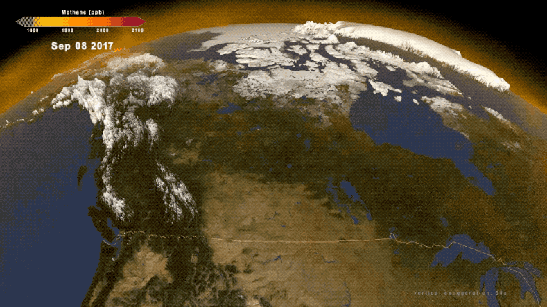 Data visualization of methane emissions over northern North America, depicted as clouds of orange over Earth's surface. Waves of methane ripple over Canada. A label reads u0022u0026gt;70% of Arctic methane emissions are from natural sources.u0022