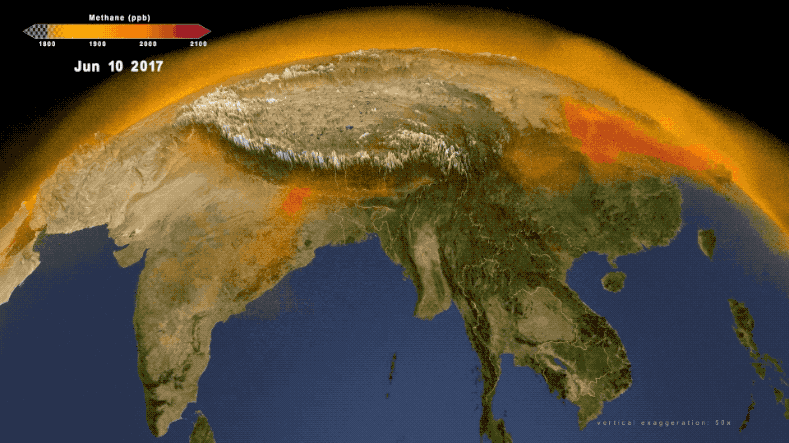 Data visualization of methane emissions over eastern China, with methane depicted as orange clouds over Earth's surface. A huge, dark plume of methane over central China is labeled u0022u0026gt;85% of East Asian methane emissions are from human activities.u0022