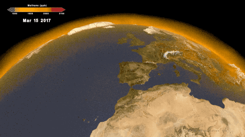 Data visualization of methane emissions over Europe, depicted as orange clouds over Earth's surface. Most of Europe shows low, fairly constant levels of methane. A label says u0022Europe is the only region to show a decrease in methane emissions over the last 20 years.u0022