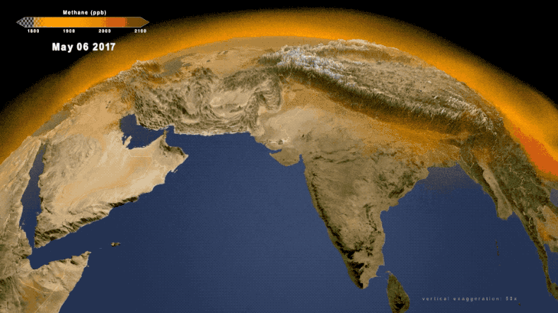 Data visualization depicting methane emissions over southern Asia, with methane shown as orange clouds above Earth's surface. Northern India, right along the Himalayas, shows heavier methane emissions. A label reads u0022Waste disposal is driving a 1.5% increase in South Asian methane emissions.u0022