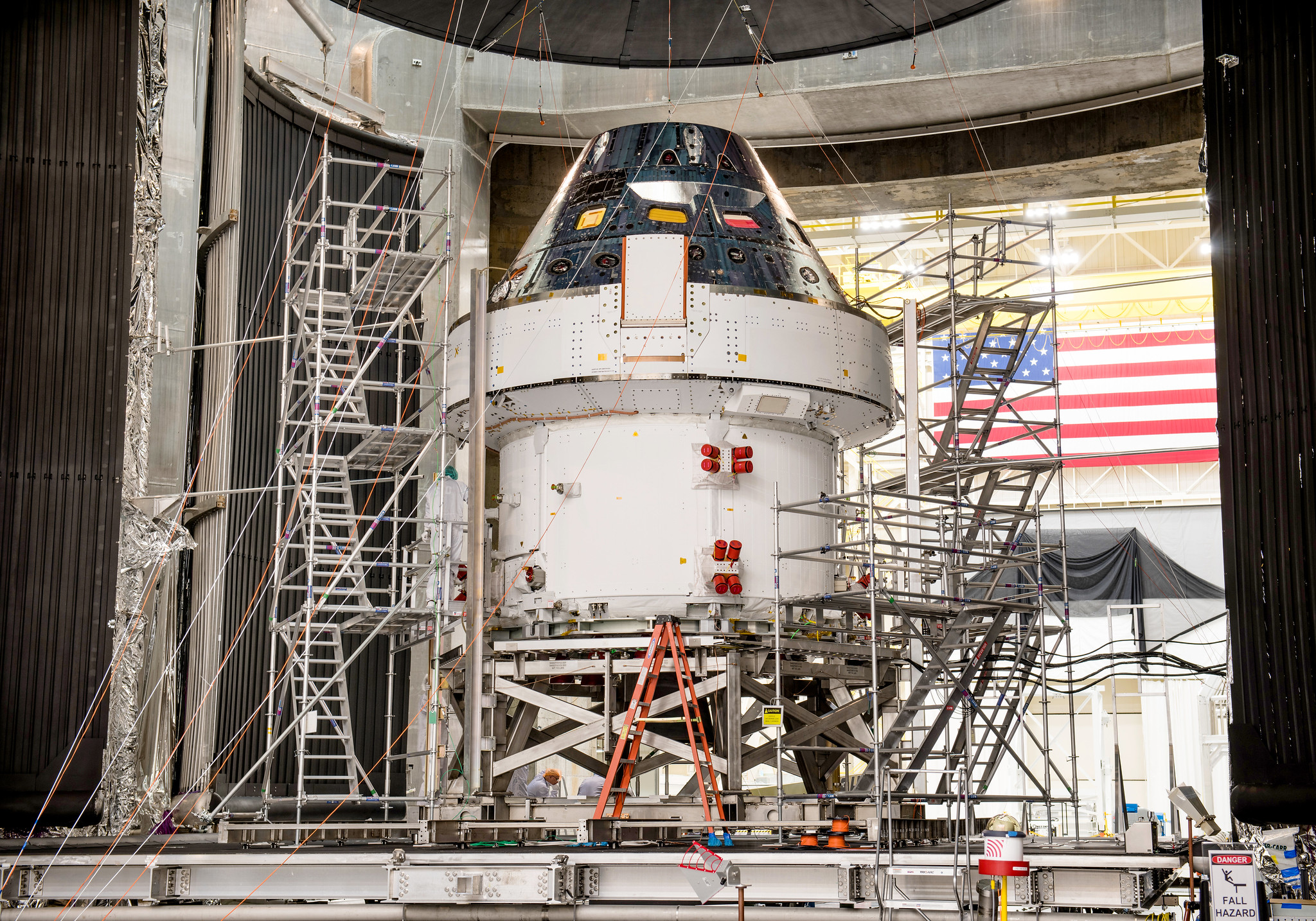 The Artemis I Orion spacecraft is prepared for the final set of environmental tests at NASA Glenn Research Center