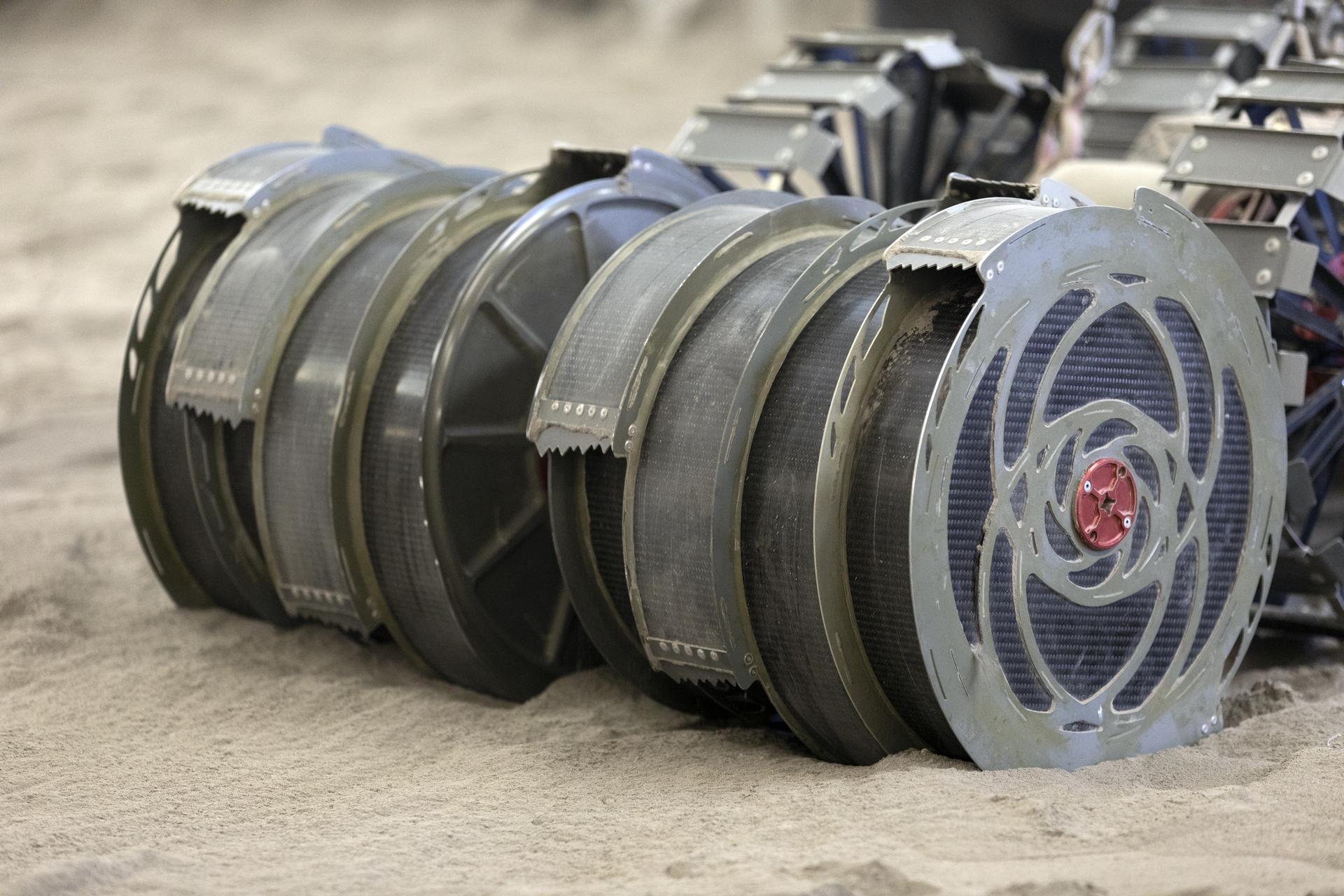 A close-up view of the bucket drums on Regolith Advanced Surface Systems Operations Robot (RASSOR).