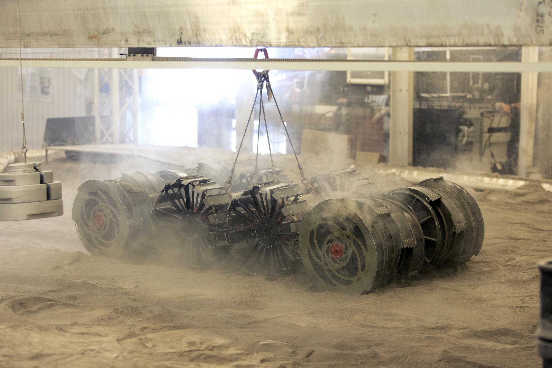 The Granular Mechanics and Regolith Operations Lab tests the Regolith Advanced Surface Systems Operations Robot (RASSOR).