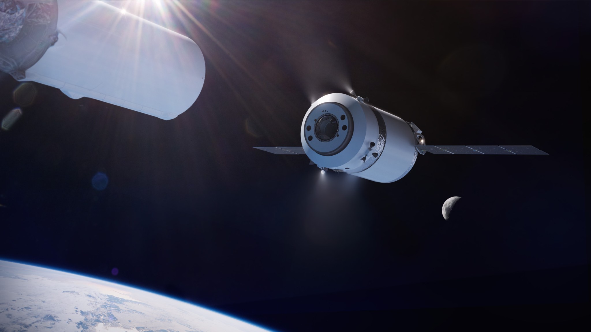 Illustration of the SpaceX Dragon XL as it is deployed from the Falcon Heavy's second stage in high Earth orbit