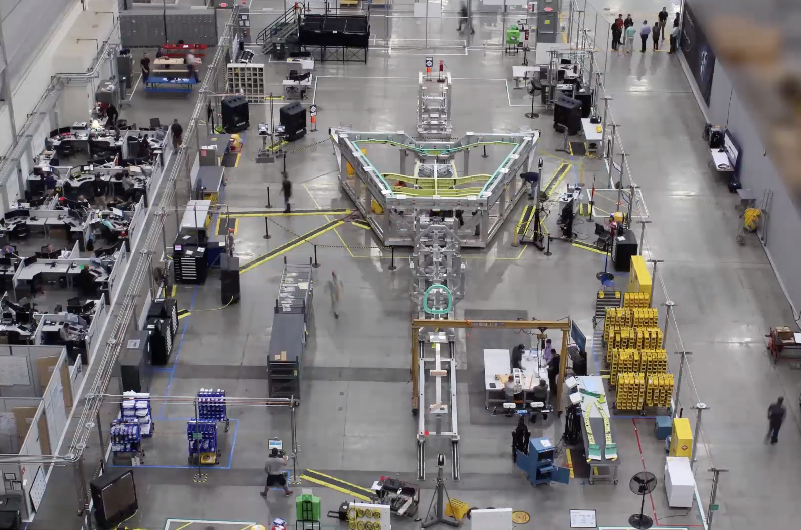 Screen shot from a timelapse video of the X-59 being assembled.