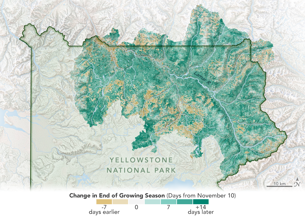 Map of Yellowstone National Park showing the change in the end of the growing season