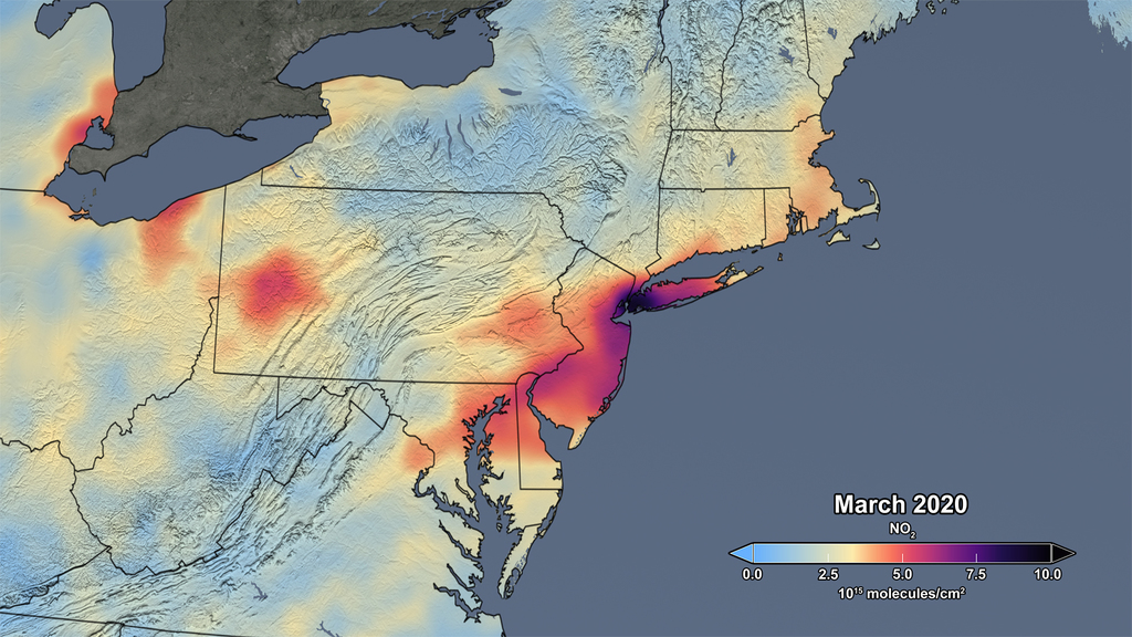 Visualization of nitrogen dioxide in the northeastern U.S. in March 2020, with no dark purples and lighter colors all over the map, indicating lower than average NO2 concentrations.