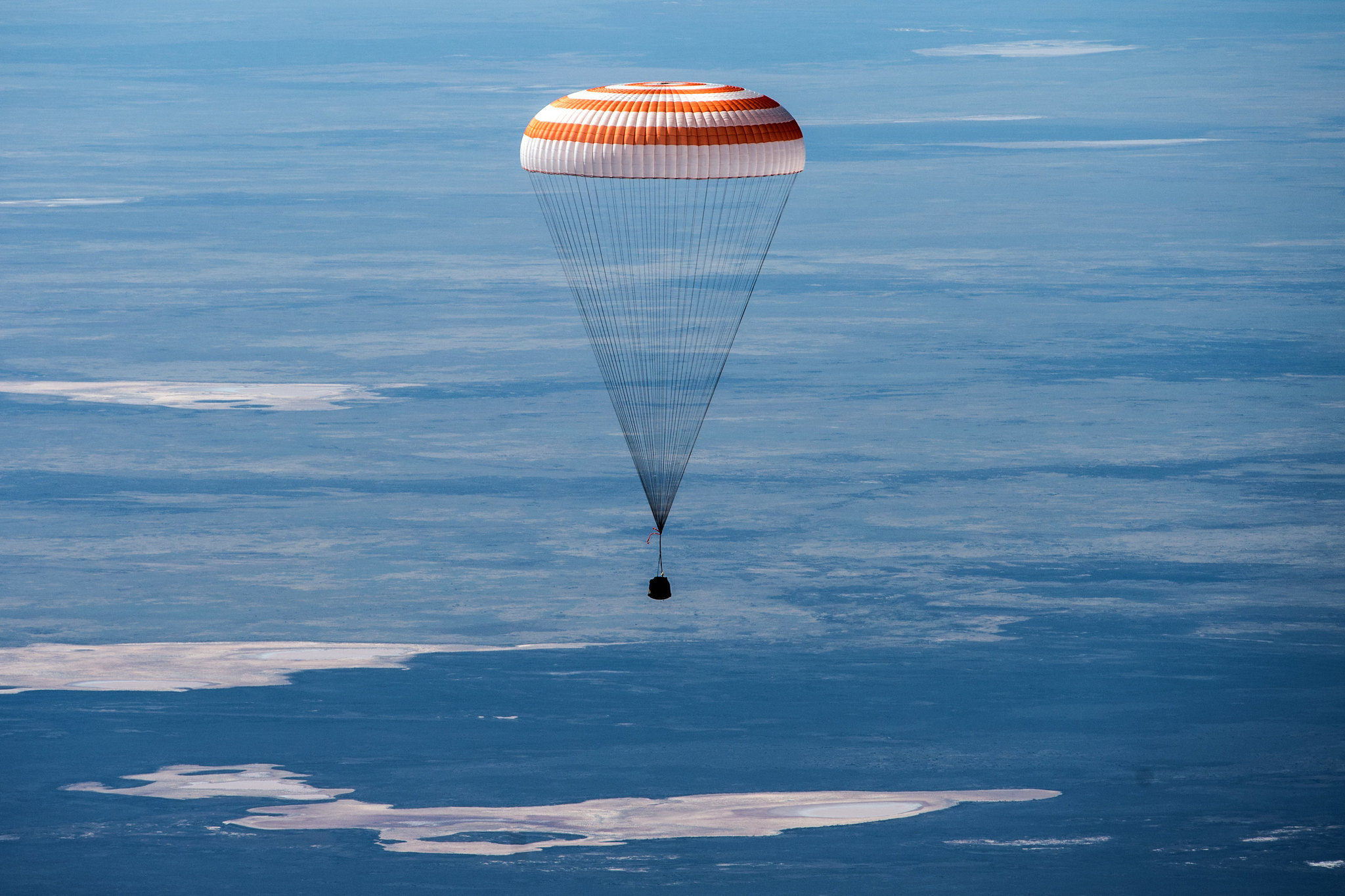 The Soyuz MS-15 spacecraft is seen as it lands in a remote area near the town of Zhezkazgan, Kazakhstan on April 17, 2020.