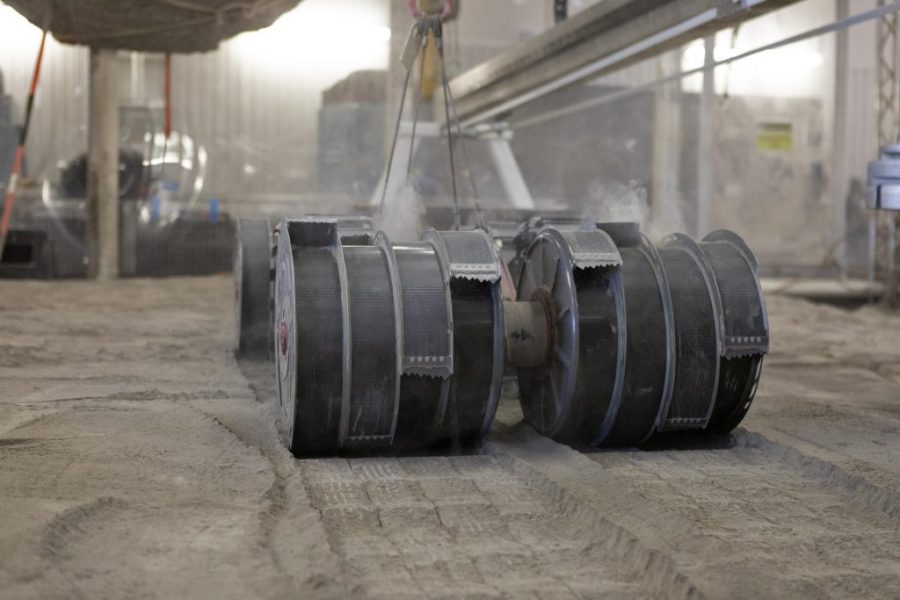 The Regolith Advanced Surface Systems Operations Robot (RASSOR) is in the regolith bin inside Swamp Works at NASA's Kennedy Space Center in Florida.