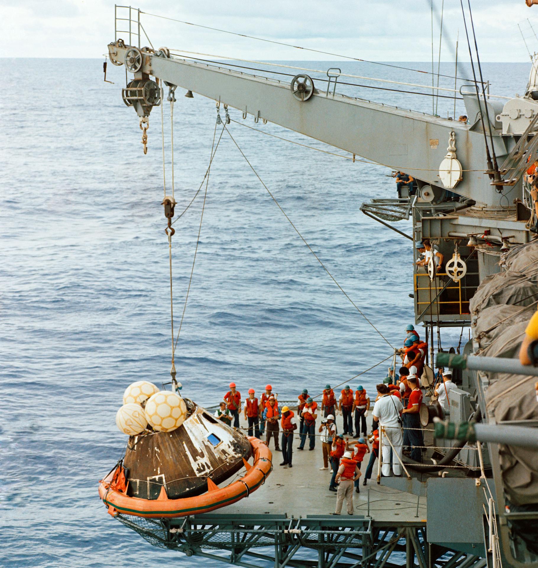 Apollo 13 command module recovery aboard the USS Iwo Jima on April 17, 1970 in the South Pacific Ocean.