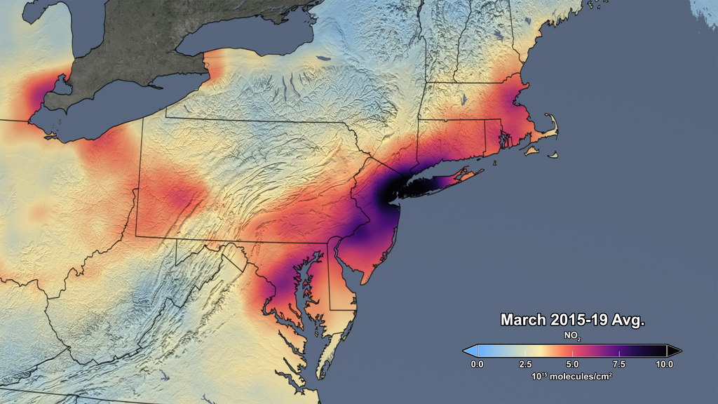 Visualization of nitrogen dioxide in the northeastern U.S. averaged between March 2014, 2015, 2016, 2017, 2018 and 2019. Dark purples centered around New Jersey indicate high NO2 concentrations, which fade to lighter purple and pink all along the northeast area, indicating high NO2 concentrations.