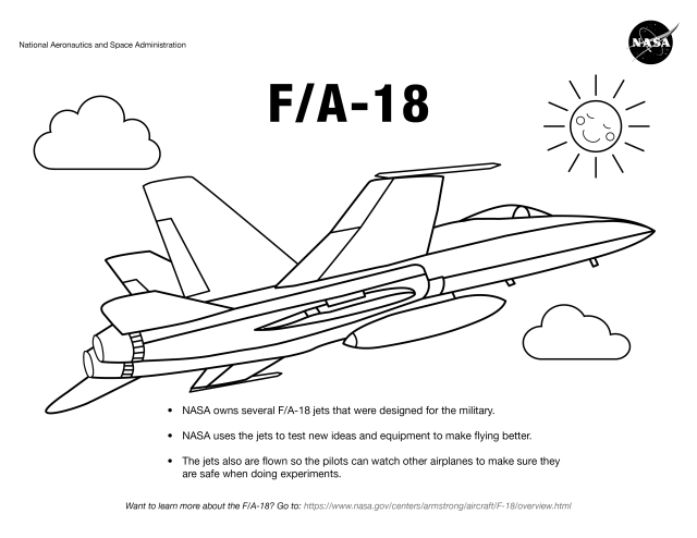 F/A-18 coloring page in flight among clouds and a sun.