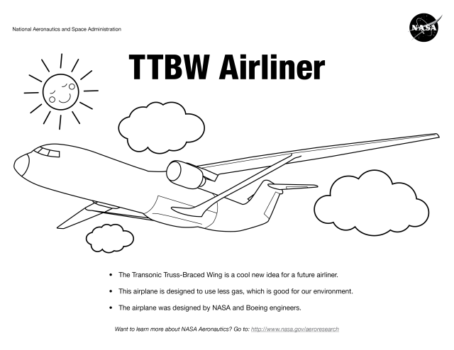 The Transonic Truss-Braced Wing Airliner Coloring Page showing the TTBW Airliner in flight with clouds and a sun.