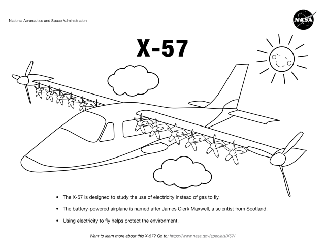 X-57 airplane flying through the clouds coloring page.