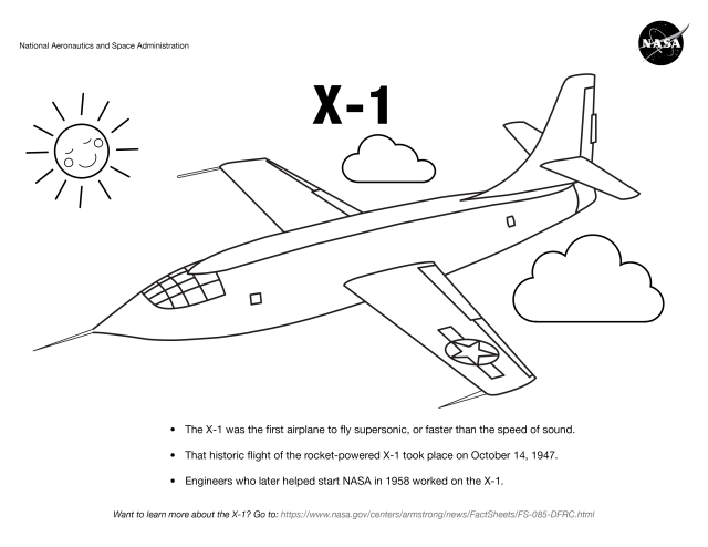 X-1 coloring page in flight among clouds and a sun.