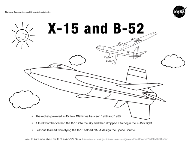 The X-15 and B-52 coloring page in flight among clouds and a sun.
