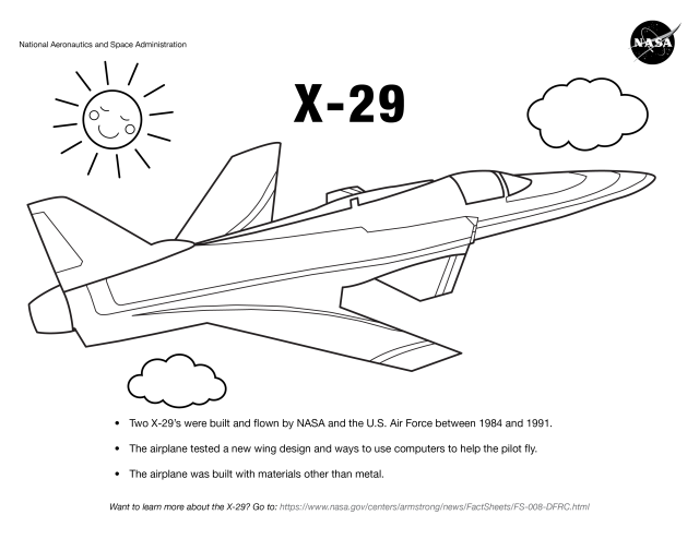 X-29 coloring page in flight among clouds and a sun.