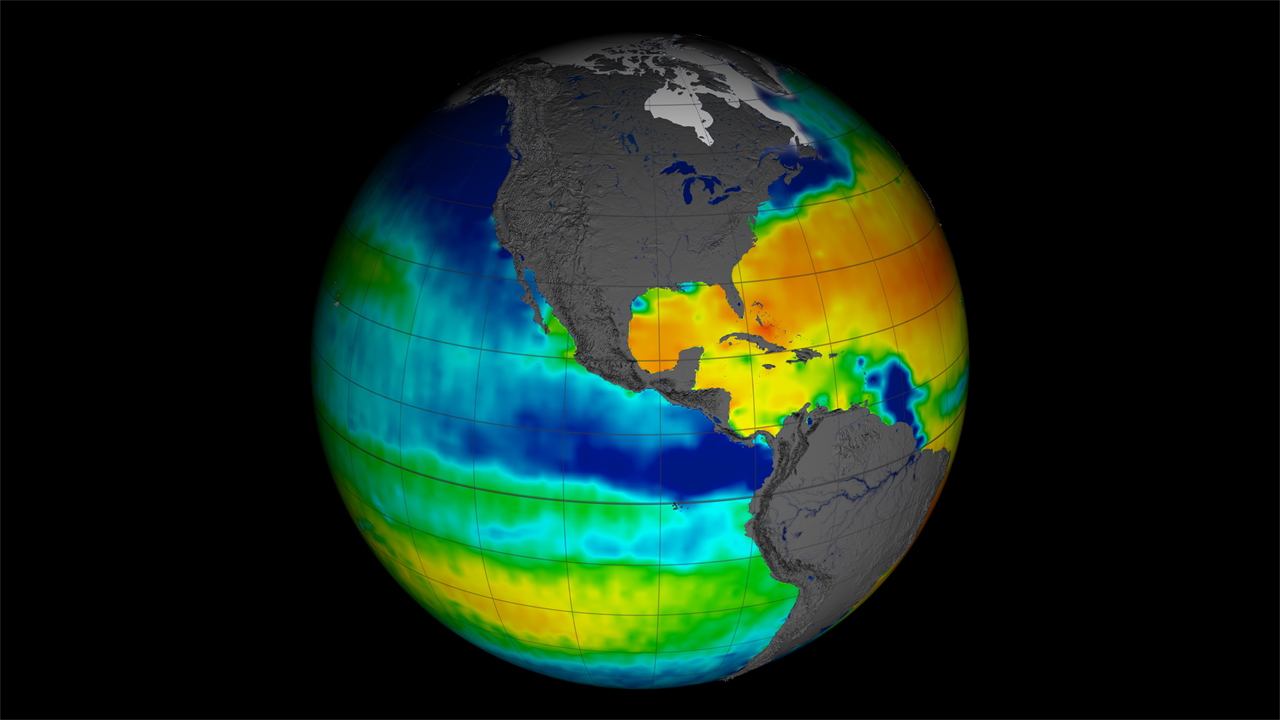 NASA / CONAE's Aquarius satellite (2011-2015) collected sea surface salinity (saltiness) data over the entire globe. Today, the 