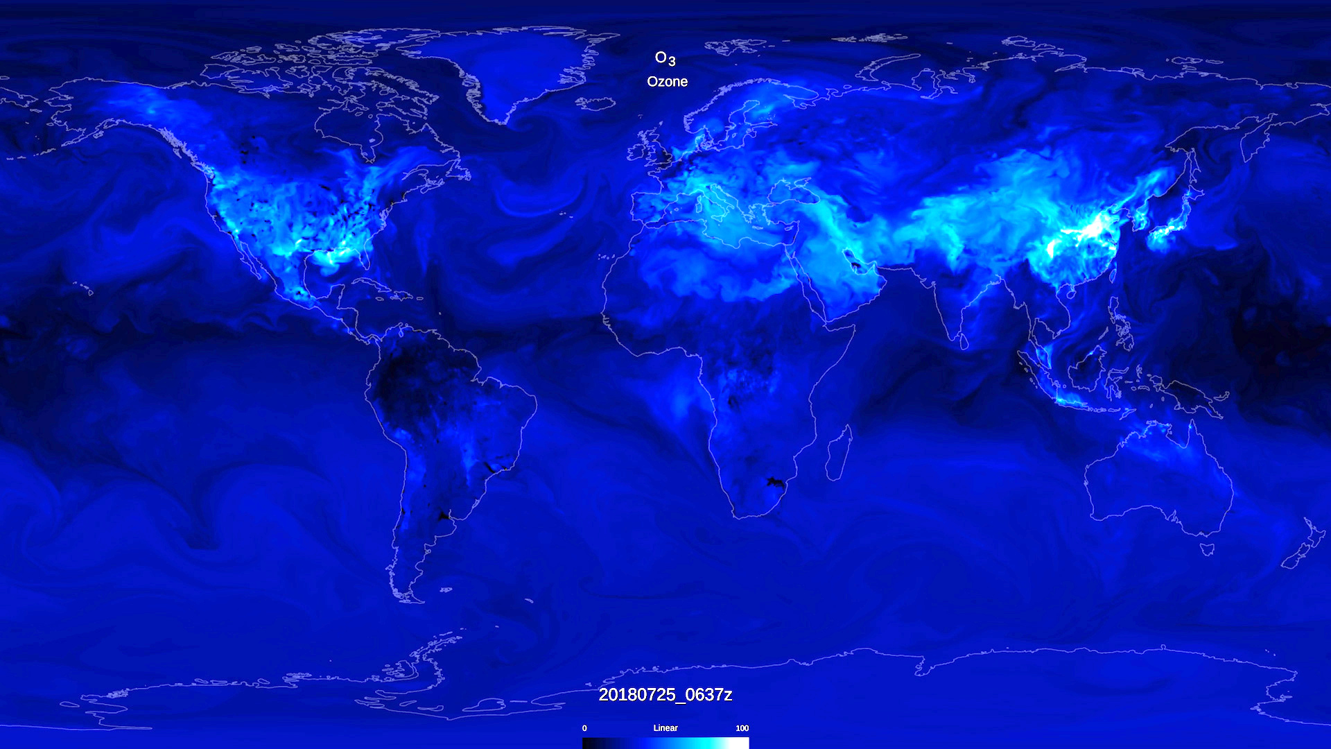World map showing tropospheric ozone data, with high values over land sources, represented by lighter blue swirls.