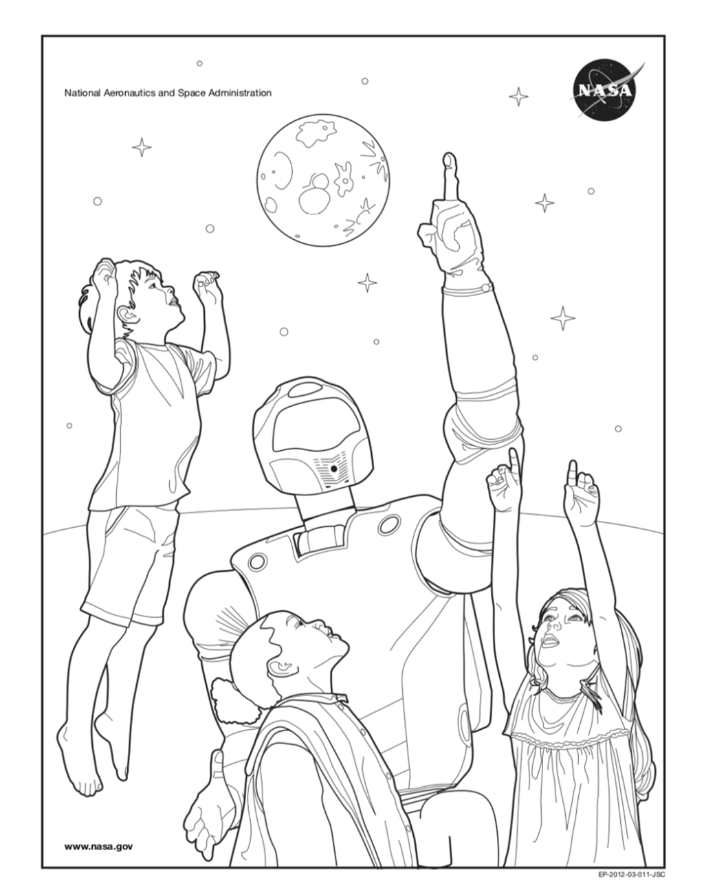 Black and white drawing of three children and a robot pointing to the sky