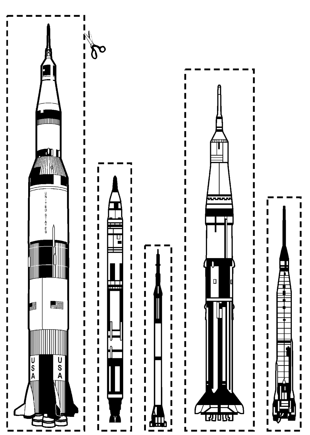 Black and white illustration of rockets