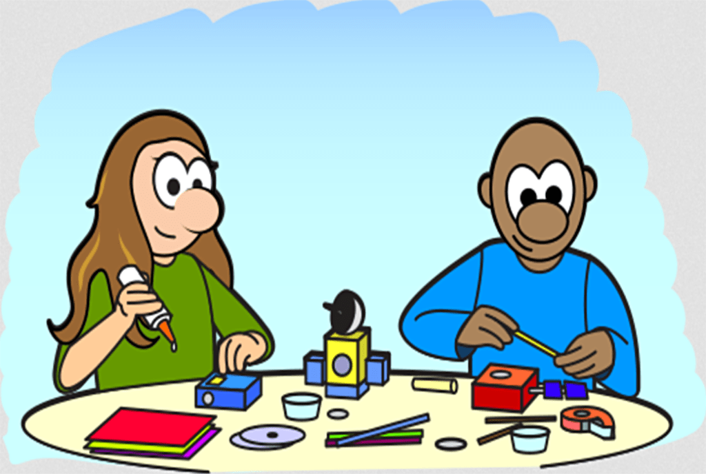 Two cartoon children build model spacecraft
