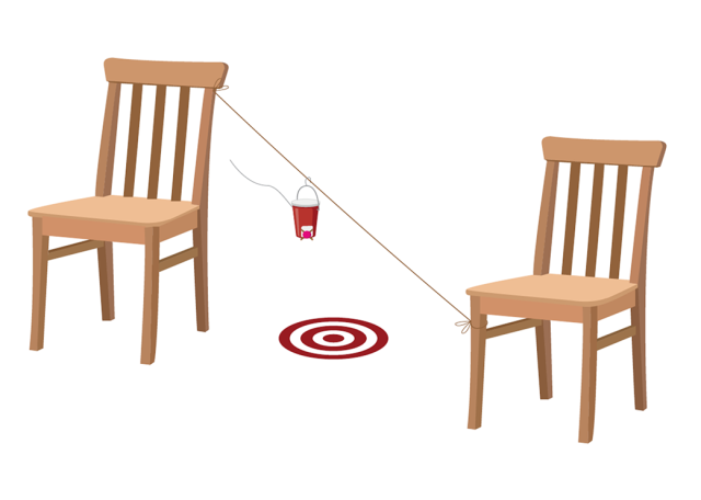 Two chairs with a string tied between each and a cup attached to the string to travel from one chair to the next like a zipline