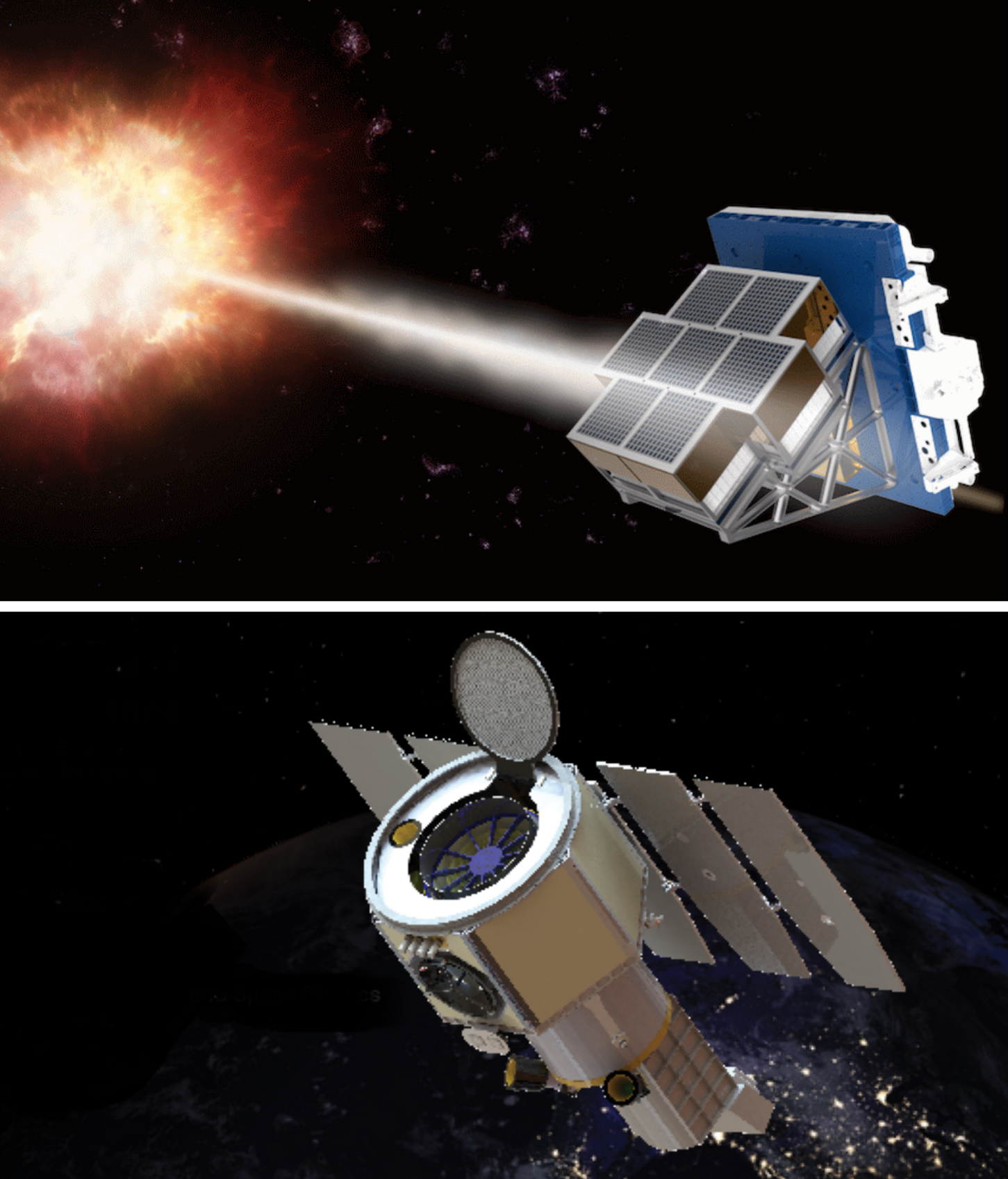 Top: An illustration of the LEAP, spacecraft. Bottom: An illustration of the ESCAPE, spacecraft.