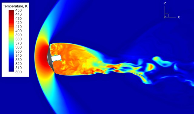 Free-flying computational fluid dynamics simulation of geometries related to the Adaptable Deployable Entry and Placement Technology (ADEPT) vehicle.